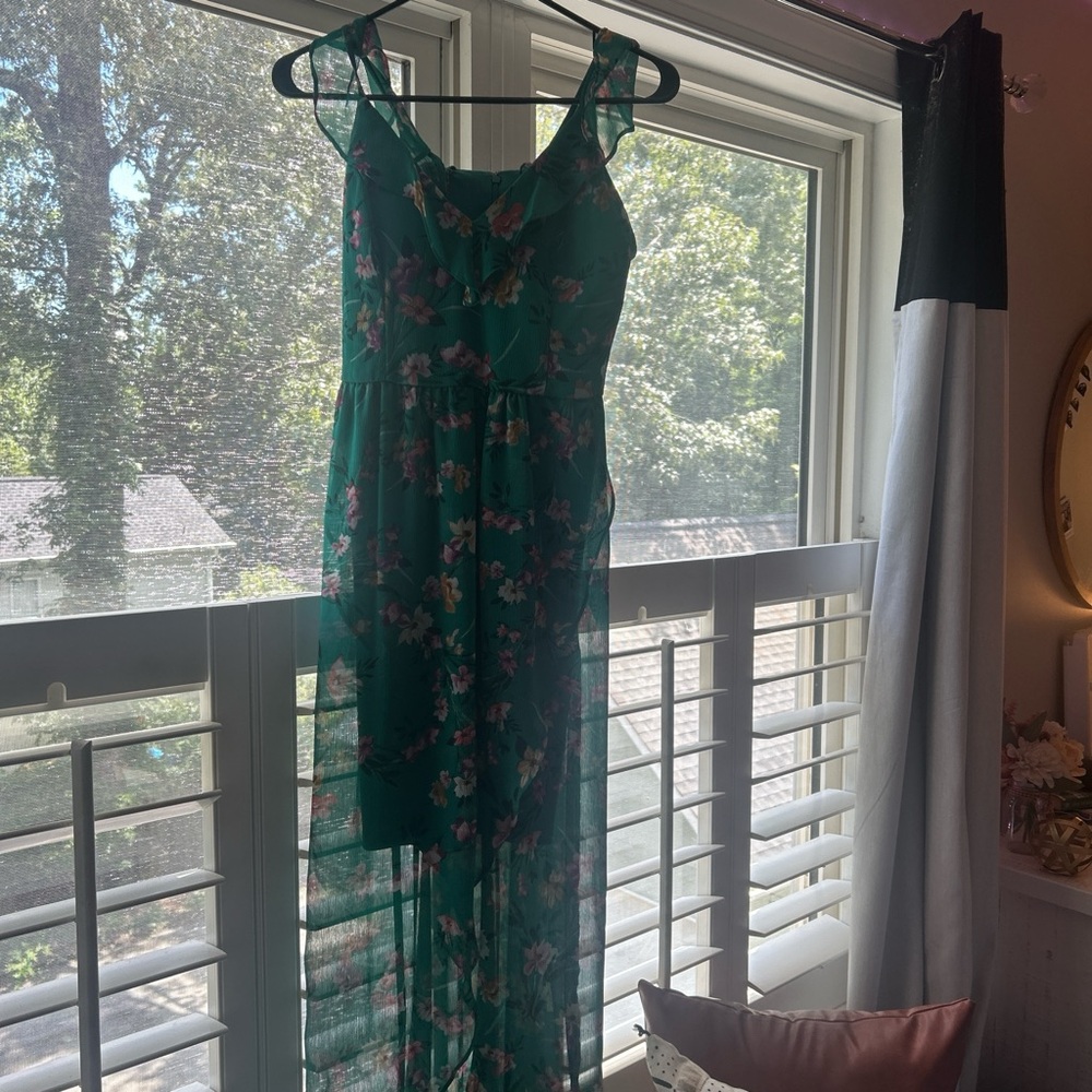 Green dress, opens in the front, worn once.